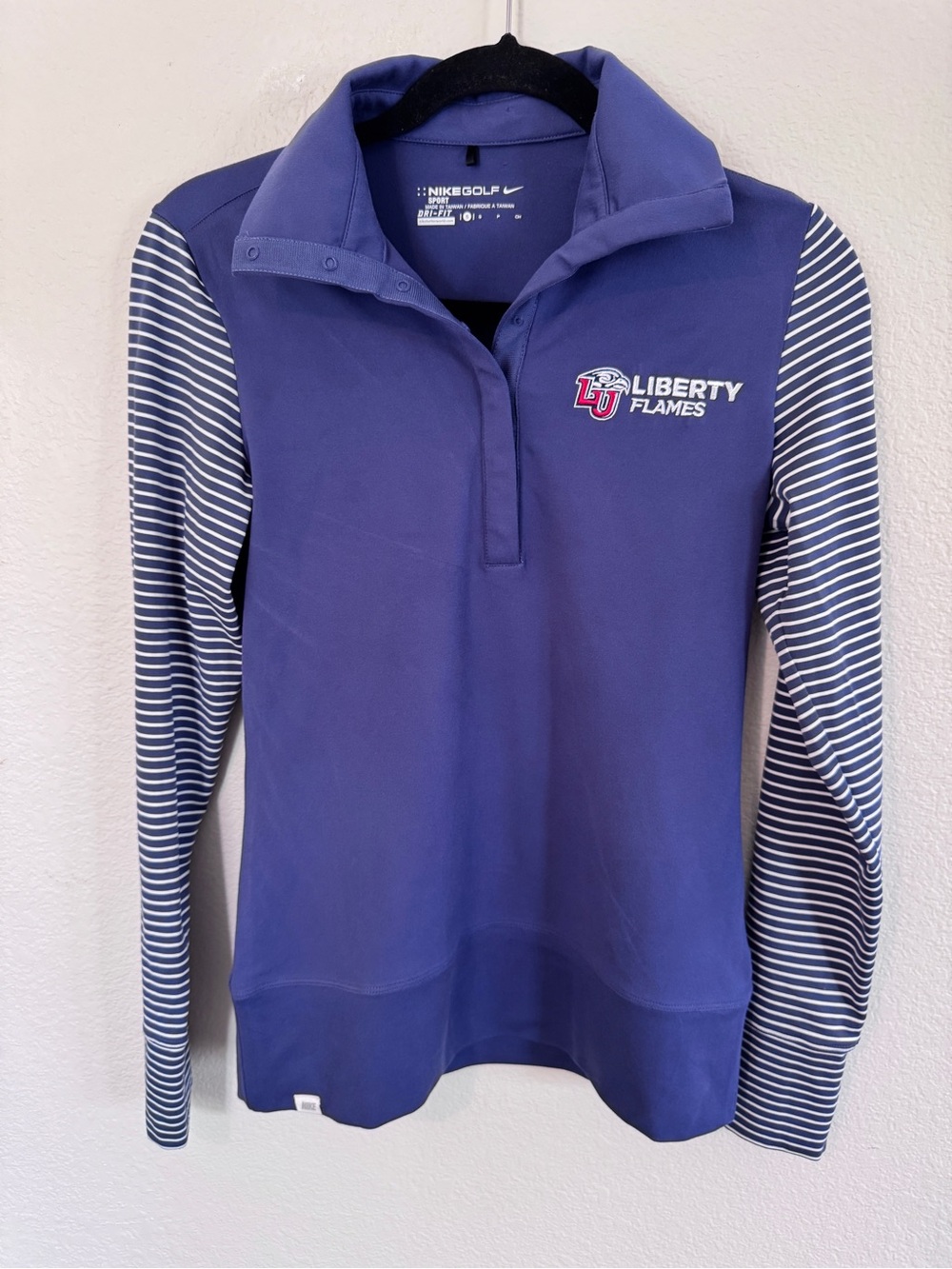 Nike Women’s Liberty Flames Blue & White Striped Sleeve Golf Pullover